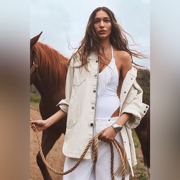 NWT Anthropologie Tillie Relaxed Denim Whipstitch Shacket COTTAGECORE, Size XS - Picture 6 of 8